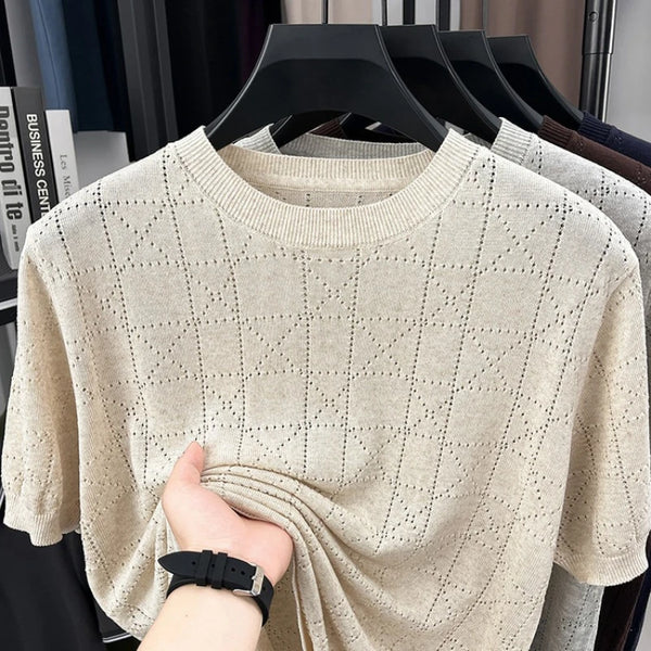 Men's Linen Blend Short Sleeve Sweater | Lightweight Breathable Hollow Out Knit | Summer Crew Neck Cool T-Shirt Top