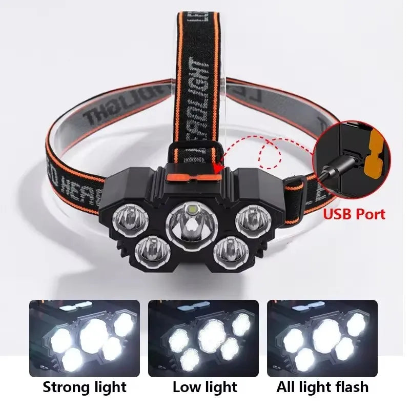 ភ្លើងពិល LED 5 គ្រាប់ អាចសាកបាន ជាមួយថ្ម 14500 ភ្ជាប់មកស្រាប់ ពន្លឺខ្លាំង សម្រាប់បោះតង់ ផ្សងព្រេង នេសាទ ភ្លើងមុខ