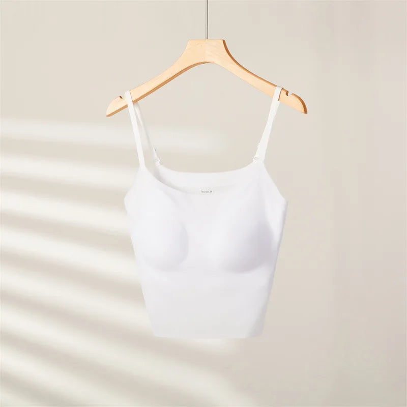 Seamless Ice Silk Sling Tank Top Chest Pad Inner Outer Wear Underwear Women Sleepwear Vest One Piece Pajamas Lingeries For Woman