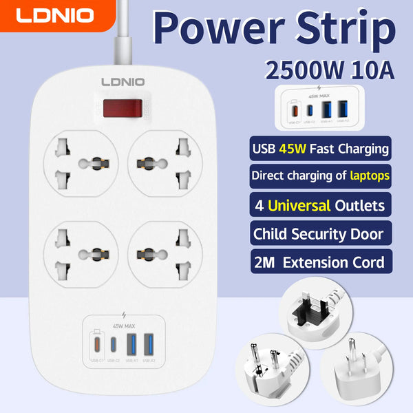 រន្ធដោតឌុយភ្លើង LDNIO 45W 4 រន្ធ មានរន្ធ USB C PD សាកលឿន USB-A ការពារការកើនឡើងនៃចរន្តអគ្គិសនី ឌុយ EU US UK