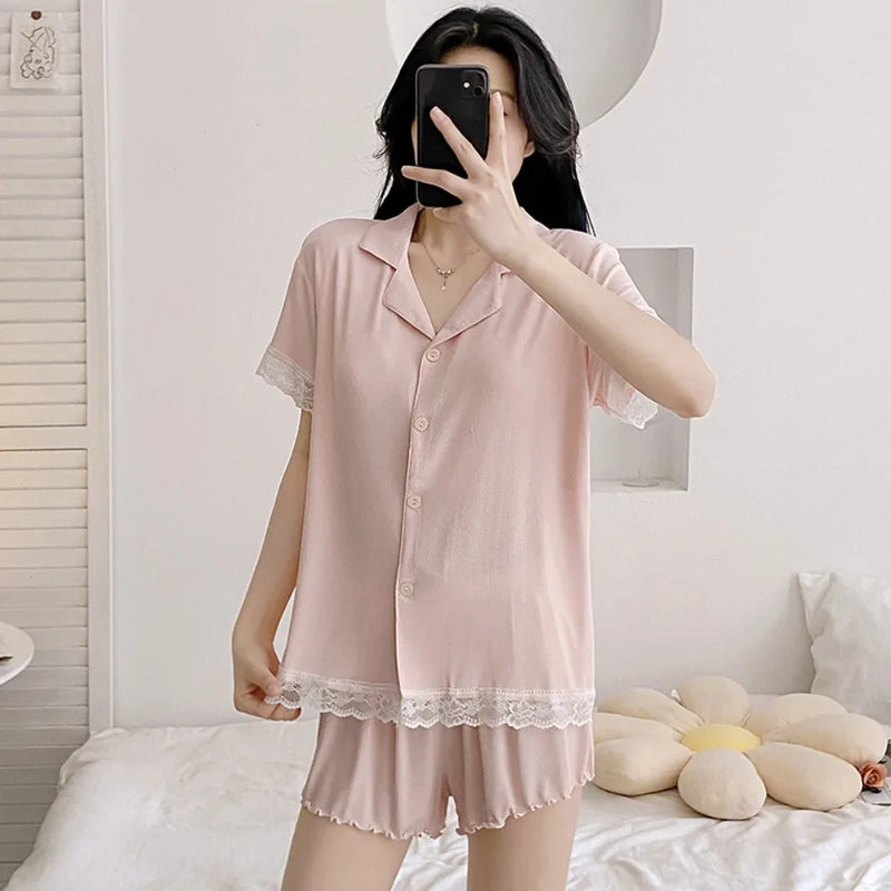New Summer Pajamas Chest Pad Pink Sleepwear Short Sleeve Nightwear 2 Pieces Set for Woman Loungewear Sleep Lounge Wear Pijama