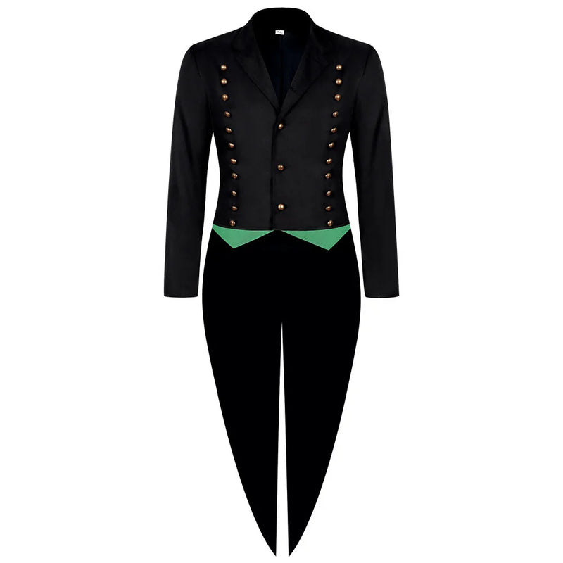 2026 New Arrival Men's Black Tuxedo, Triple-Breasted Green Patchwork Long Jacket, Vintage-Style Outerwear.