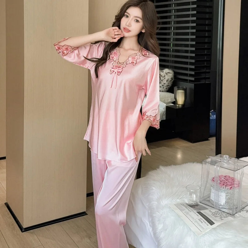 Elegant Two-piece Set Long-sleeved Trousers Pajamas Summer Sleepwear Woman Nightwear Solid Color Home Wear Sexy Pijama Pyjamas
