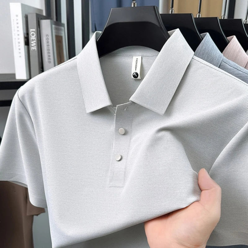 Seamless Color Cotton Polo Shirt Men Flat Knit Business Casual Short Sleeve, Breathable Quick-Dry Tee