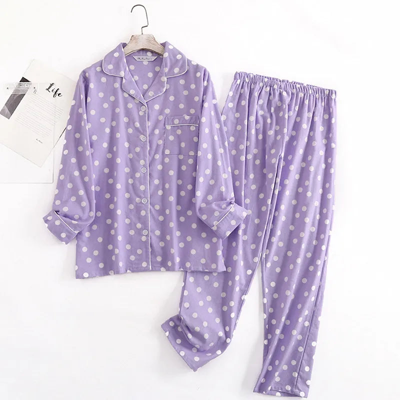Casual Polka Dot Women's Pajamas Set Lapel Long Sleeve Shirt Pant Suit Spring Autumn Sleepwear Pyjamas Femme Home Wear Clothes