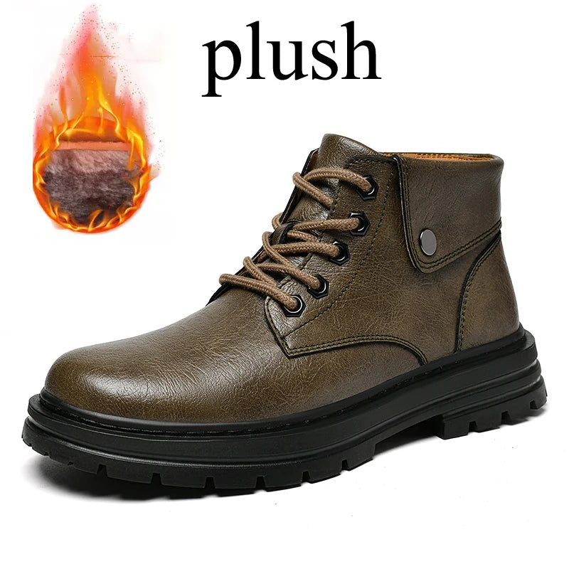 Mens Leather Boots Ankle British Style with Platform Soles Cushion Plush/Non-Plush Options Plus Big Size 48 49 50