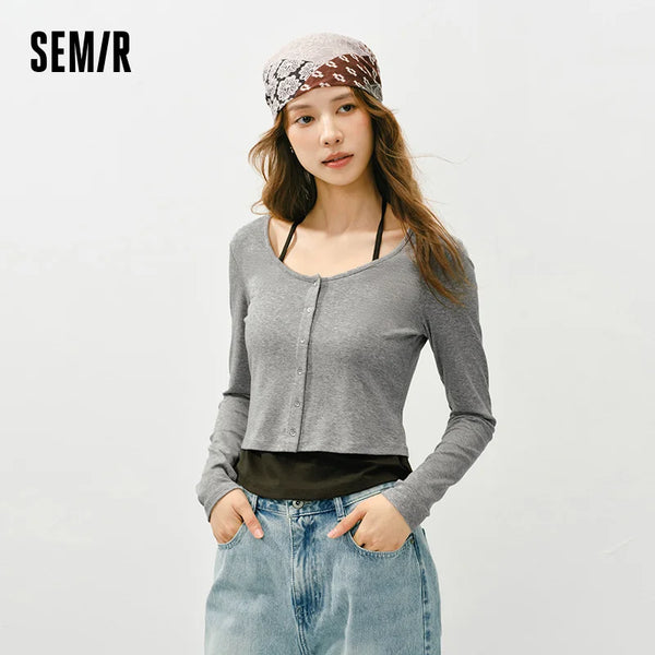 អាវយឺតស្ត្រី Semir ឆ្នាំ ២០២៦ និទាឃរដូវខ្លីកអាវស្តើងក្លែងក្លាយពីរដុំទាន់សម័យឆើតឆាយដៃវែងទាន់សម័យ