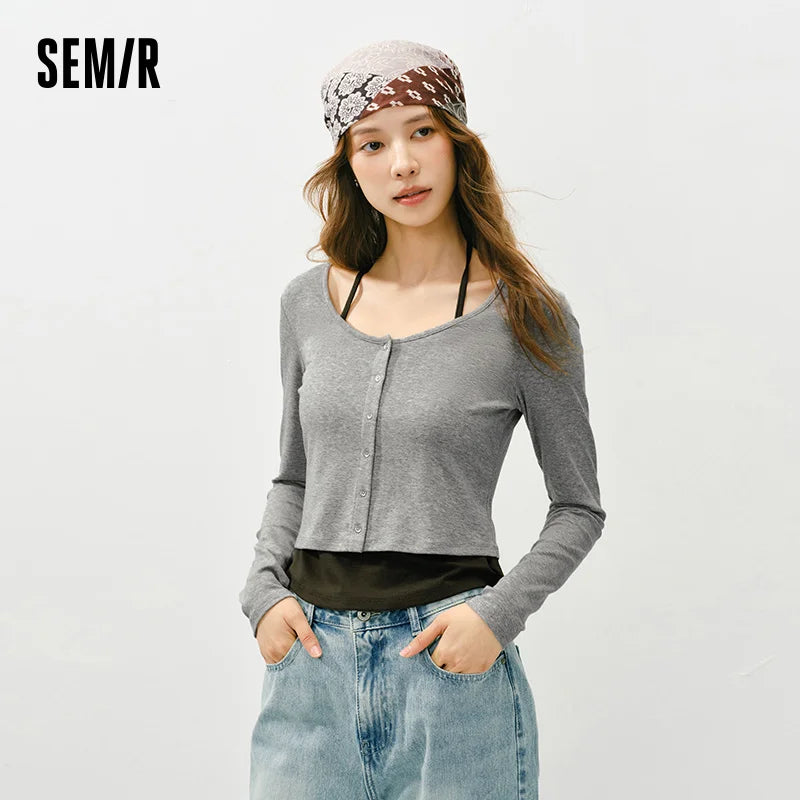 Semir Women Tshirt 2026 Spring Short Halter Neck Slim Fake Two Piece Elegant Trendy Long Sleeve Fashion Tops