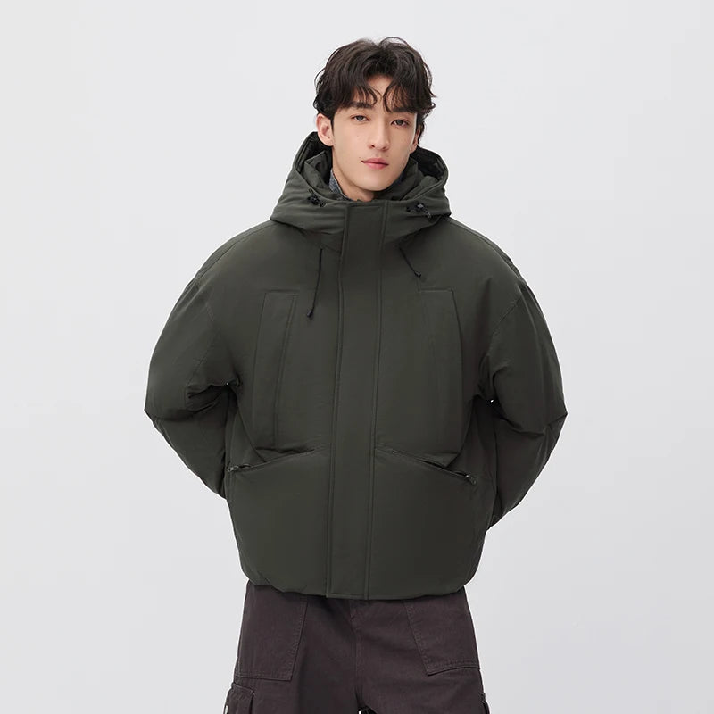 Semir Men Down Jacket 80 Percent Down Fill Drawstring Hooded Solid Color Workwear Large Pocket 2026 New Winter Daily Wear