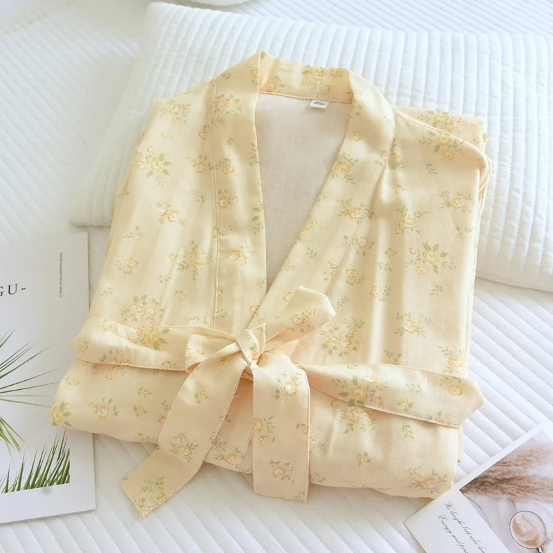Floral Women's Sleep Robes Sleepwear Women Spring Autumn 100% Cotton Long Sleeve V Neck With Belt Bathrobe Female Loose Robe