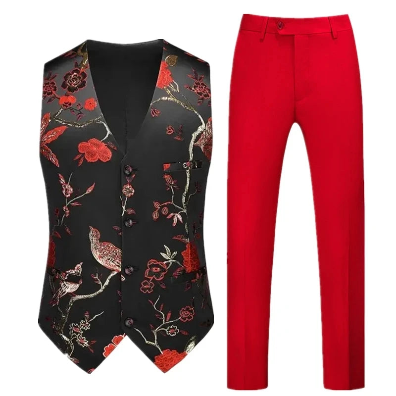 Men's Red Two-Piece Set, Sleeveless V-neck Vest with Trousers, White, Black, Red, Silver, Green,Purple To Choose From!