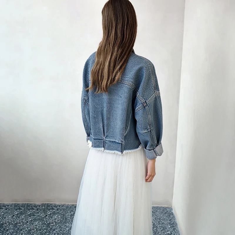 អាវក្រៅ Amii Minimalism Women រដូវស្លឹកឈើជ្រុះឆ្នាំ ២០២៦ អាវក្រៅ Denim ថ្មីសម្រាប់នារី សាមញ្ញ និងអាចបត់បែនបាន អាវខ្លី 12611029