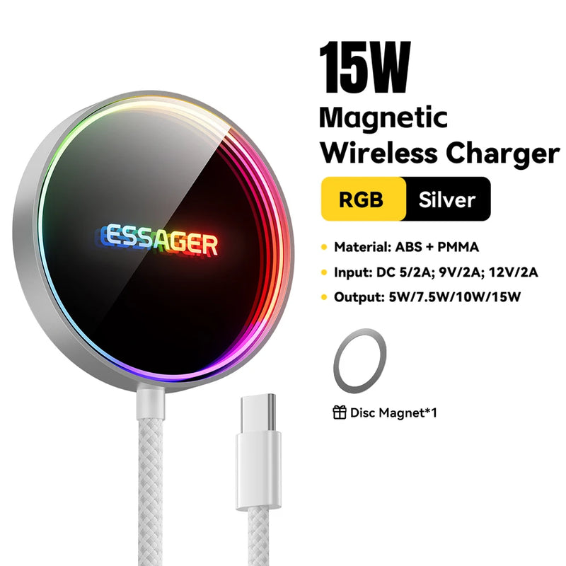 ឆ្នាំងសាកឥតខ្សែ ESSAGER 15W ម៉ាញេទិក RGB សាកថ្មទូរស័ព្ទលឿនសម្រាប់ iPhone 16 15 14 13 Pro សម្រាប់ Macsafe Phone Charging Dock