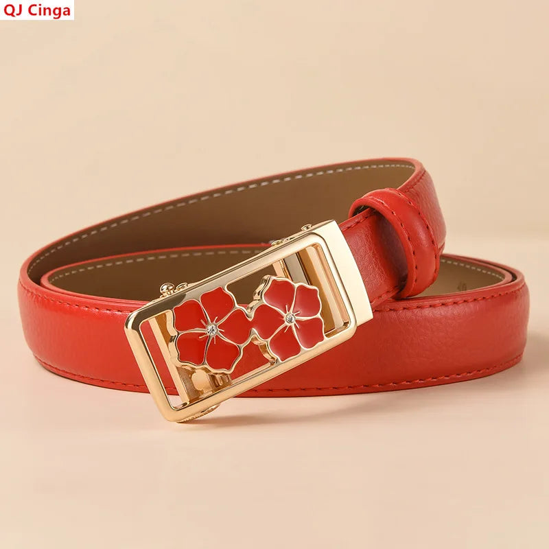 2027 New Women's Automatic Buckle Belts, Available in Red, White, and Black, Sizes 85 Cm–120 Cm.