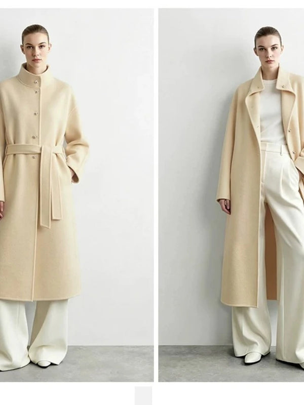 Amii Women's Double-Faced Wool Long Coat Stand Collar Belted Commuter Minimalist Women Winter Long Coats 12624099