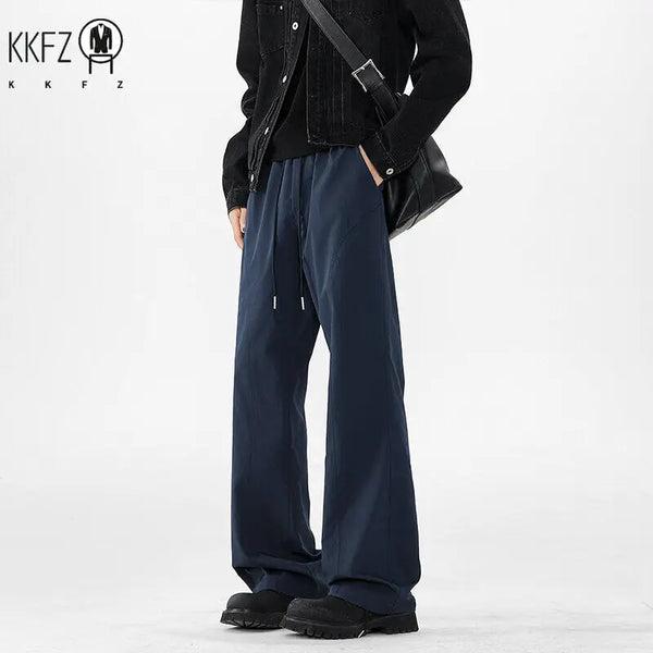 Men Minimalist Loose Wide Leg Pants Drawstring Elastic Waist Comfort Smooth Fabric For Everyday Urban Casual Dressing