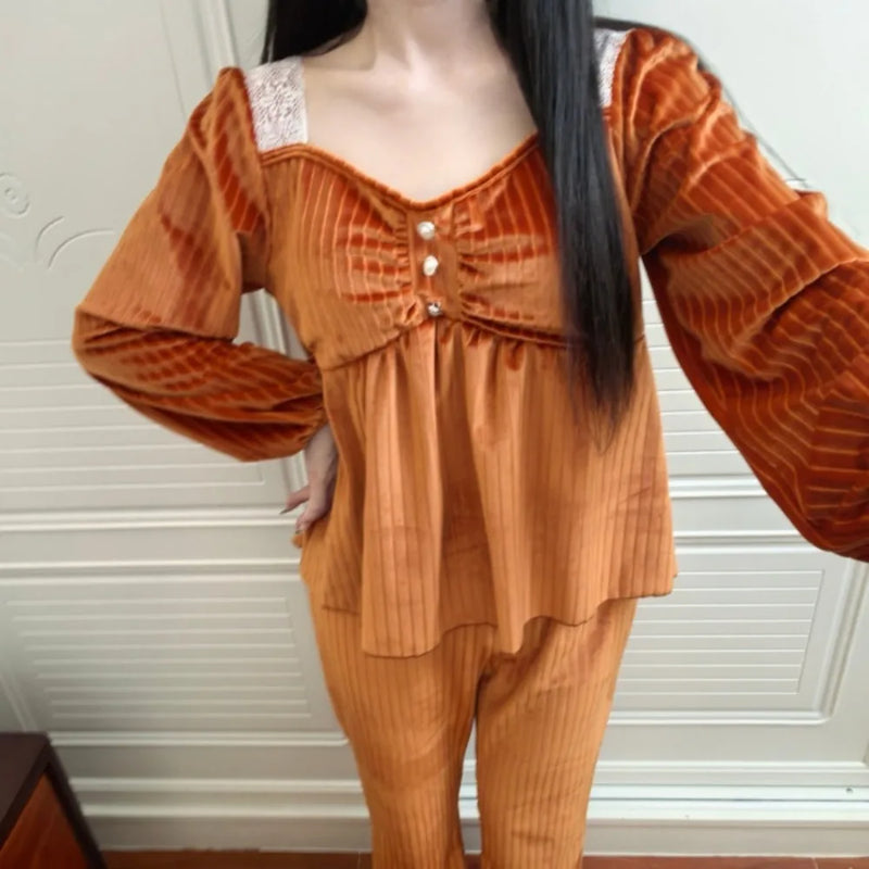 Chest Pad Lady Long-sleeved Two-piece Suit Sleepwear Pajamas New Spring Autumn 2026 Elegant Home Clothes Pyjama Femme Nightwear