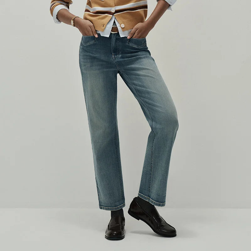 Semir Women Jeans Stretch Cropped Straight Cuffed Hem Soft Denim Casual Style Autumn Pants Urban Daily Wear 2026