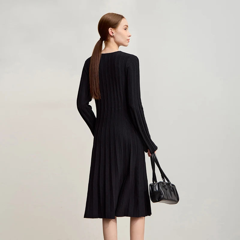 Amii New Dresses For Woman V-neck Flare Sleeve Casual Medium And Long Elastic 2026 Winter Elegant Wool Midi Dresses 12544214