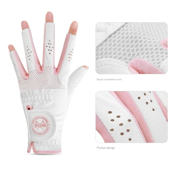 Golf Women's Gloves Super Fiber Cloth Breathable Exposed Fingers Wear Resistant Anti Slip Color Blocking Soft Durable ST031