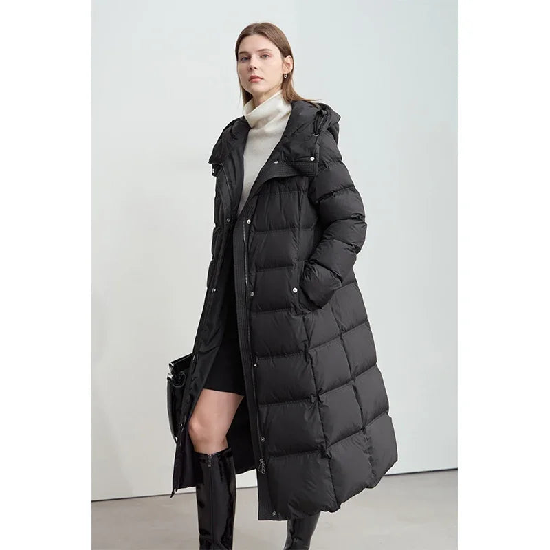 Amii 2026 Winter New Warm Hooded Graphene Lining Long Down Jacket Women Leather Brand Decorative Fashion Commuter Coat 12444029