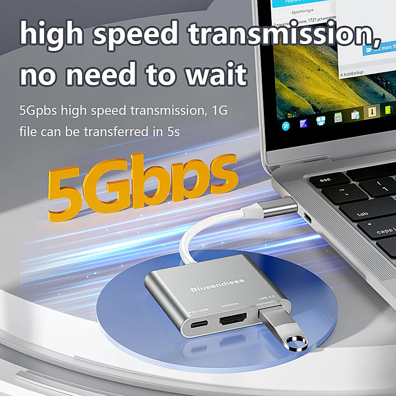 Blueendless 3 ក្នុង 1 USB C hub ប្រភេទ C ទៅ HDMI-Compatible Adapter Type-C ទៅ USB 3.0 Charging Converter សម្រាប់កុំព្យូទ័រយួរដៃ Macbook