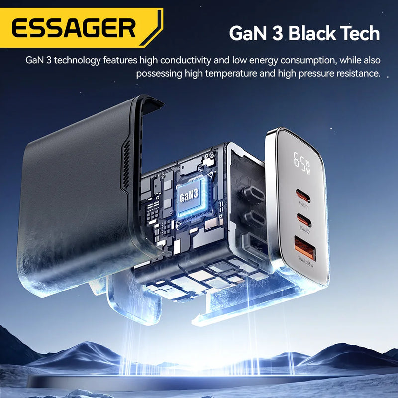 ឆ្នាំងសាក Essager 65W GaN USB Type C អេក្រង់ឌីជីថល QC 4.0 PD 3.2 PPS 45W សាកលឿនសម្រាប់ Samsung Huawei IPhone17 កុំព្យូទ័រយួរដៃ MacBook