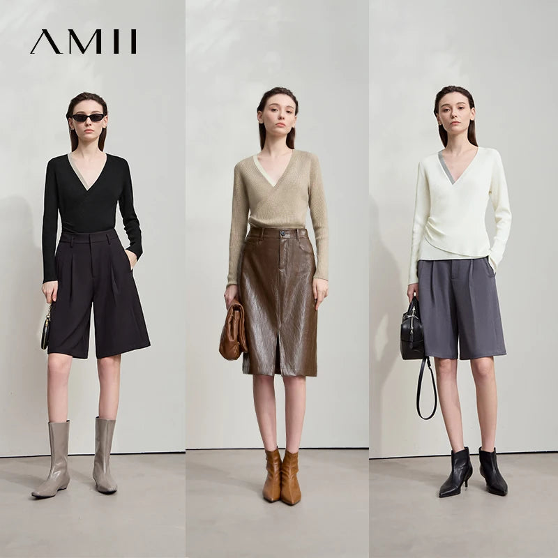 អាវយឺត AMII សាមញ្ញបំផុតសម្រាប់ស្ត្រីឆើតឆាយឆ្នាំ ២០២៦ ម៉ូដរដូវស្លឹកឈើជ្រុះពណ៌ផ្ទុយគ្នា V-Neck Office Women Slim Pullover Sweater 12553069