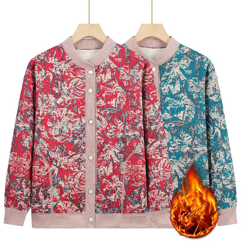 Grandma Clothing Printed Add Velvet Warm Cardigan Jacket Thicken Fleece Hot Sweater For Woman Buttons Knitwear Women Coat