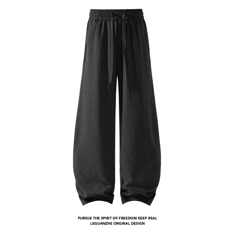 Male Oversized Loose Harem Trousers Elastic Drawstring Waist Linen Blend Fabric Baggy Cut For Youth Street Fashion Style