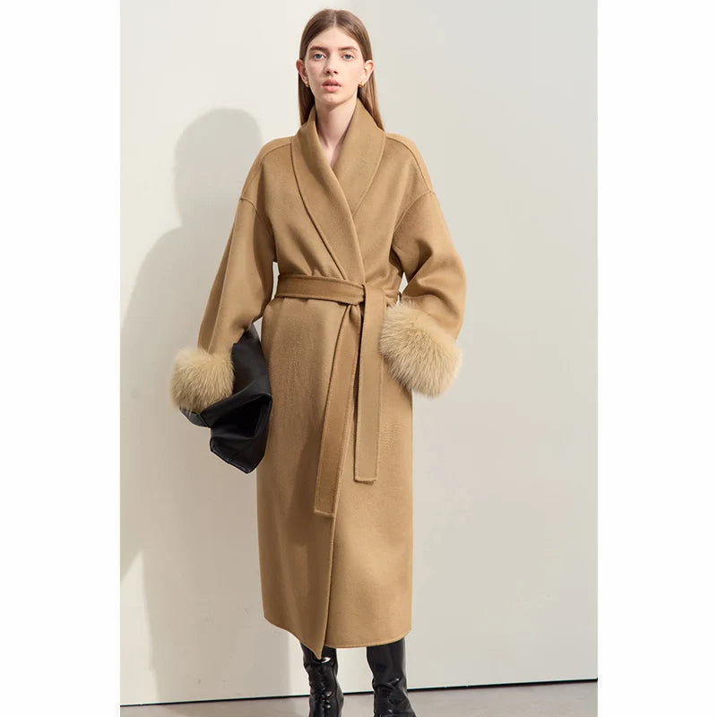 Amii Winter Clothes Women 2026 Long Coat Women's Wool 100% Removable Fox Fur Cuffs Loose Soild Office Lady Jacket 12424015
