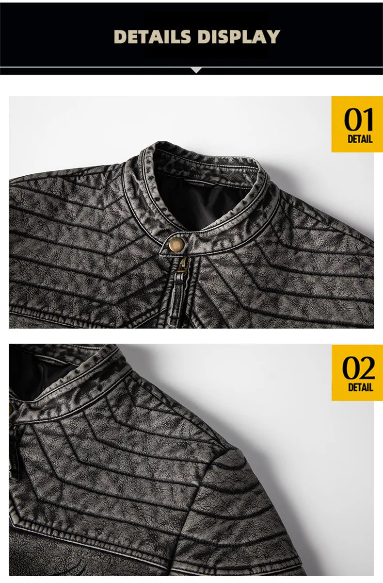 Men's Long-sleeve PU Jacket for Spring and Fall, Available in Gray-black Faux Leather Coat, with Khaki and Green Options.
