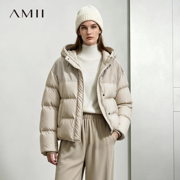 Amii Cropped Women's Down Jacket 2026 Winter New Loose Hooded Patchwork Down Jacket Lightweight Warm Thick Top Clothes 12654022