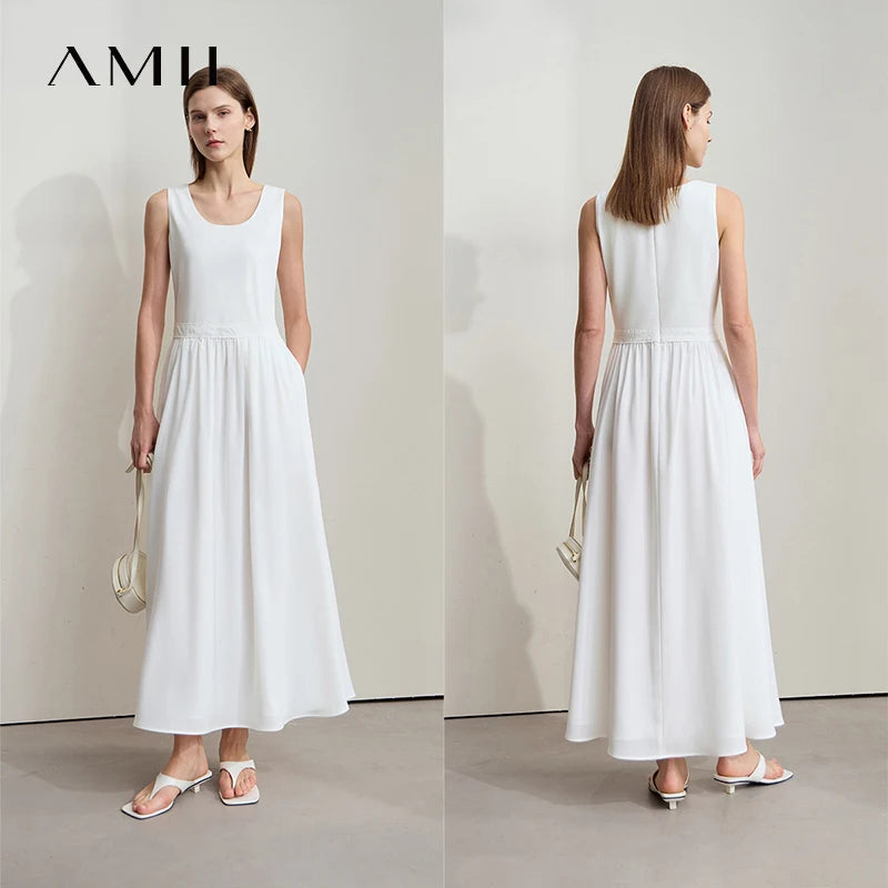 រ៉ូបនារី Amii Minimalist រដូវក្តៅឆ្នាំ ២០២៥ រ៉ូបការិយាល័យថ្មីសម្រាប់នារីការិយាល័យ ក U ចង្កេះស្ដើង ដៃអាវគ្មានដៃ កប្បាសរាងអក្សរ A ស្គម 12522044