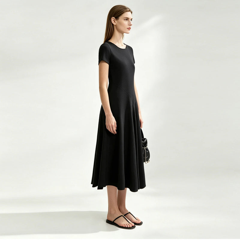 Amii U-Neck Women's Dress 2026 Summer New Slim Short Sleeve Fit A-Line Midi Dress Solid Color Casual Women's Clothing 12642201