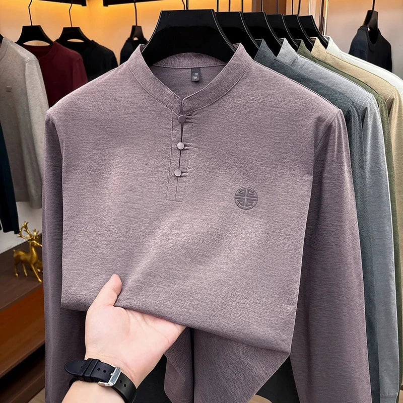 Men Long Sleeve Button Placket Tee Stand Collar Chest Embossed Detail Loose Fit Daily Office Leisure Wear Top