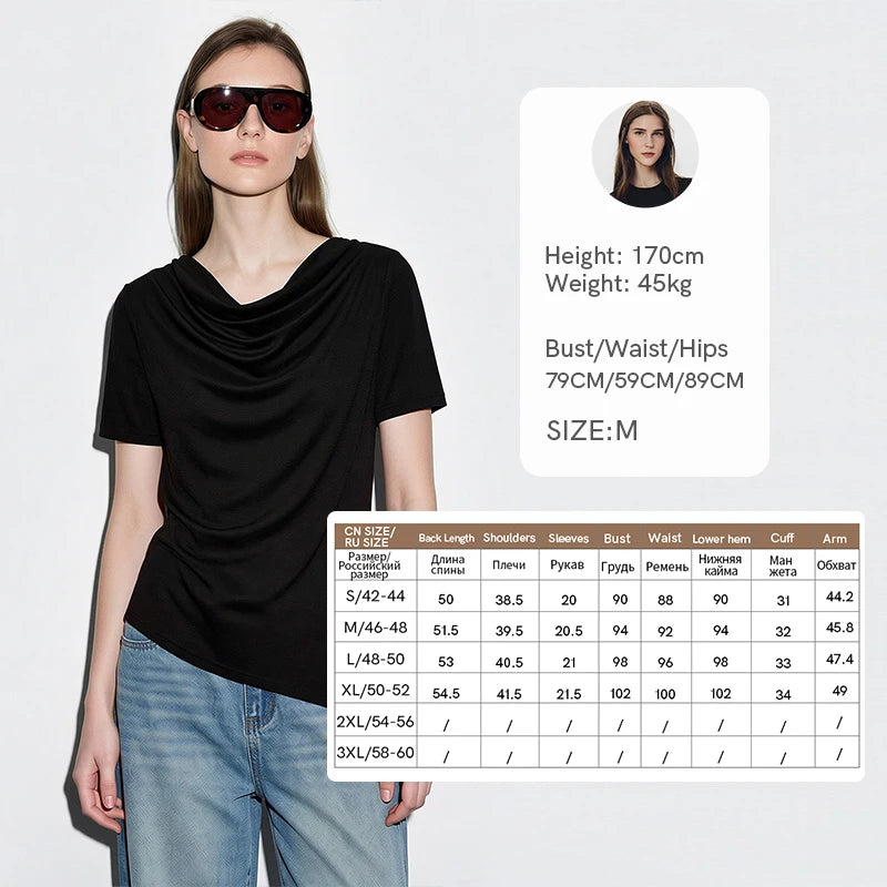 Amii Women's T-Shirt 2026 Summer New Cowl Neck Asymmetric Hem Shirred Tee Stretch Short Sleeve Casual Top For Women 12642069