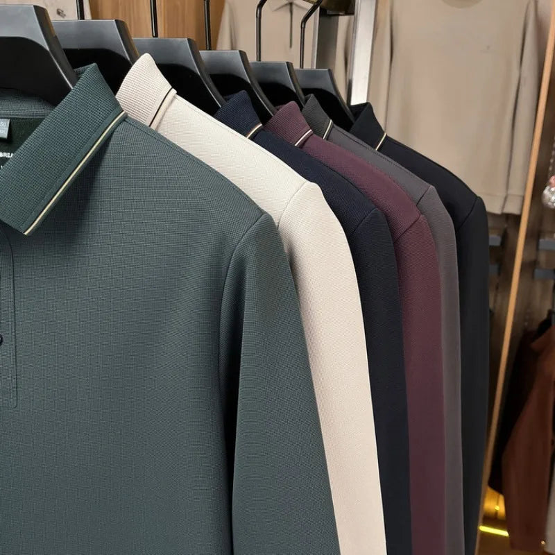 Men's Fleece-Lined Waffle Knit Polo, Vertical Stripe Collar Seamless Design, Anti-Wrinkle Technology