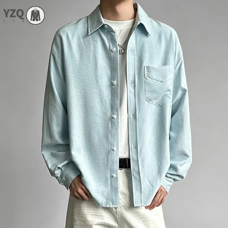 Mens Basic Solid Button Up Shirt Long Sleeve Turn Down Collar Chest Pocket Loose Cut Daily Casual Shirt