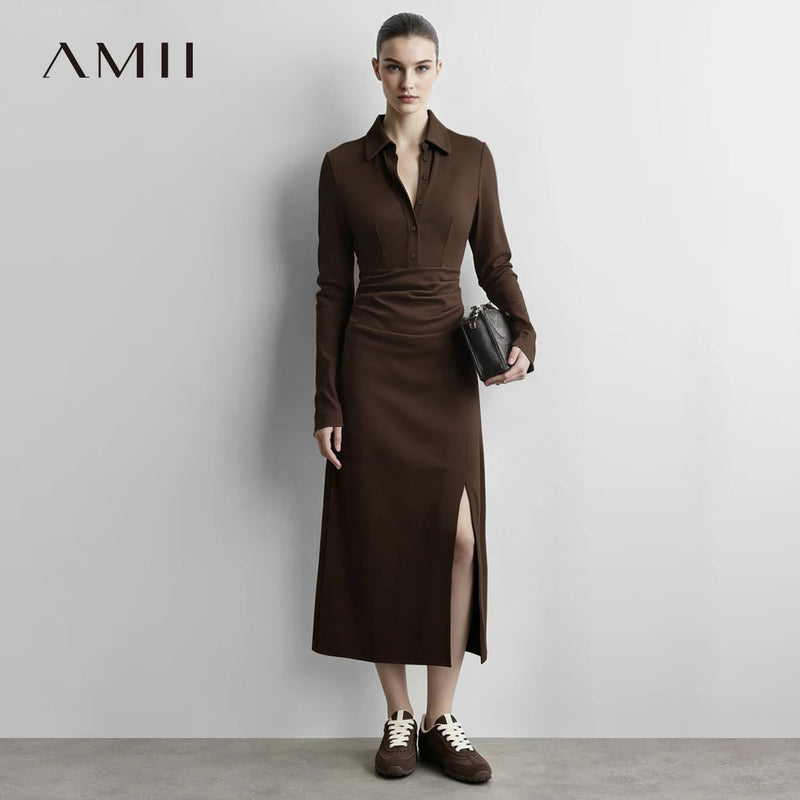 Amii Dress for Women Autumn Notched Collar Button Placket Slim Waist Asymmetrical Knitted Midi Dresses Woman Clothing 12623076