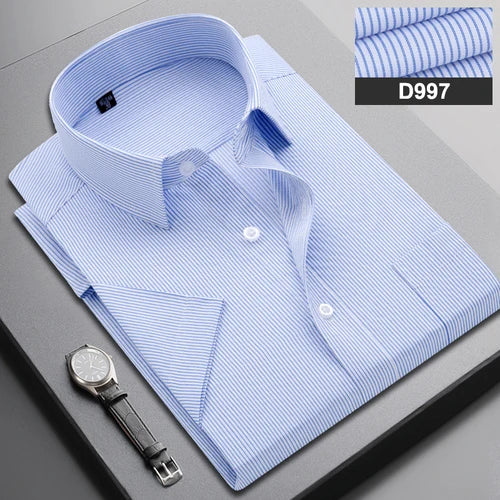 Summer Men's Vertical Striped Short-sleeved Cotton Shirt, Single-breasted Square Collar Shirts with A Pocket on The Left Chest