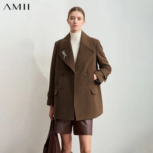 Amii Minimalist 2026 Winter Women Clothing Lapel Shoulder Pads Woolen Jackets Embroidery Loose Double-breasted Coat 12424083