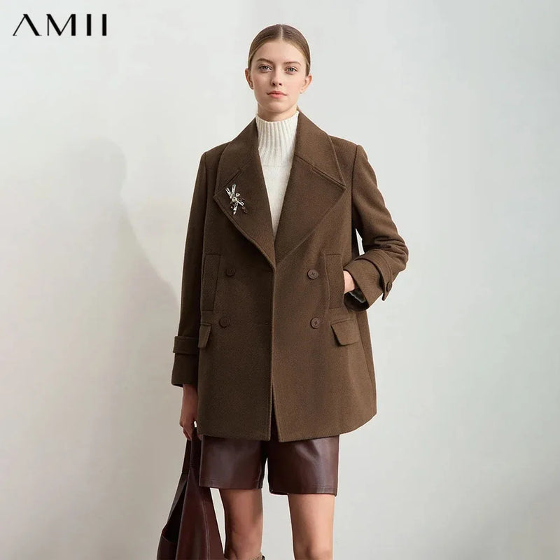 Amii Minimalist 2026 Winter Women Clothing Lapel Shoulder Pads Woolen Jackets Embroidery Loose Double-breasted Coat 12424083