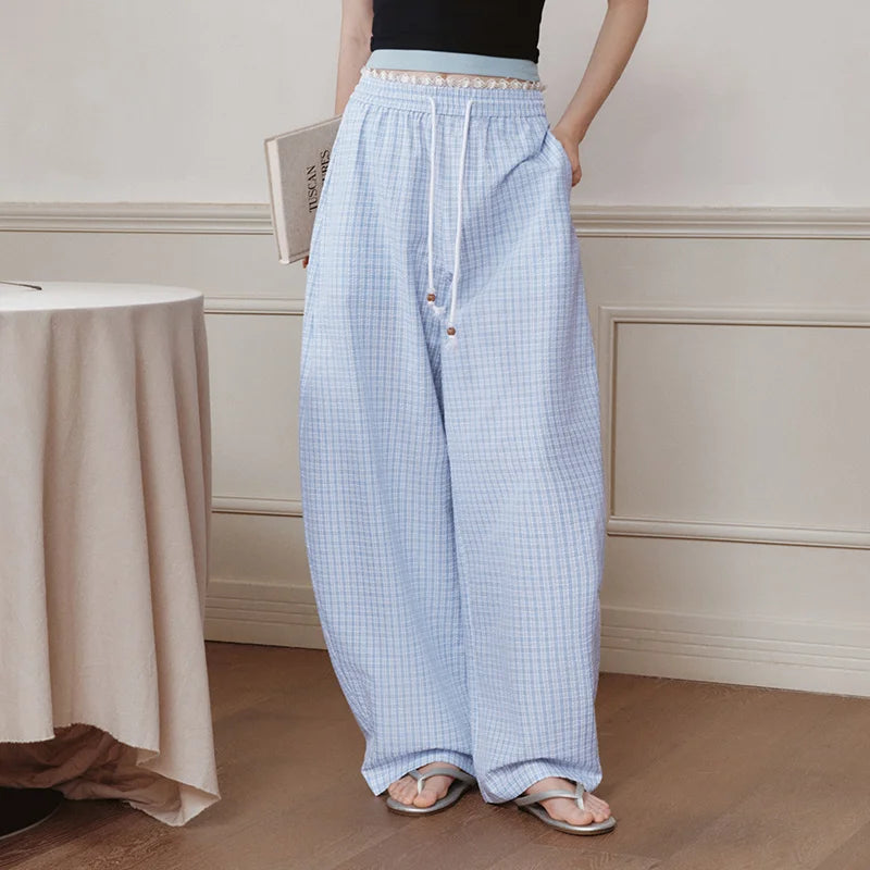 Semir Women Pants Textured Plaid Lace Trim Elastic Waist Loose Curved Summer 2026 Casual Long Trousers Bottoms Wear