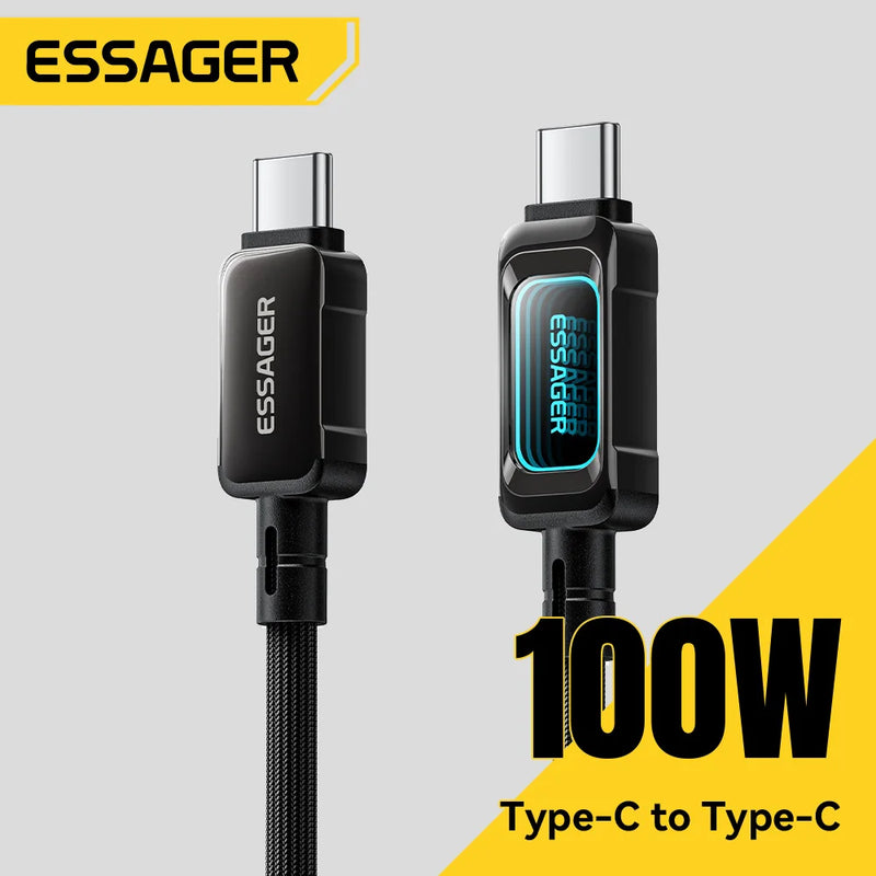 ខ្សែសាក Essager 100W USB Type C សម្រាប់ iPhone17 16 15 5A PD សាកថ្មលឿនសម្រាប់ Macbook iPad Samsung Xiaomi LED Type C ទៅ Type C Cable