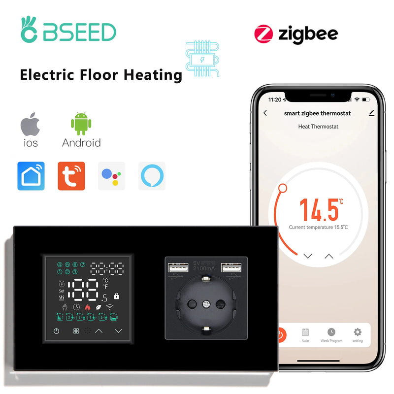 BSEED Zigbee Electric Floor Heating Thermostat Temperature Controller With Normal Socket Tuya Smart Life Google Home Control
