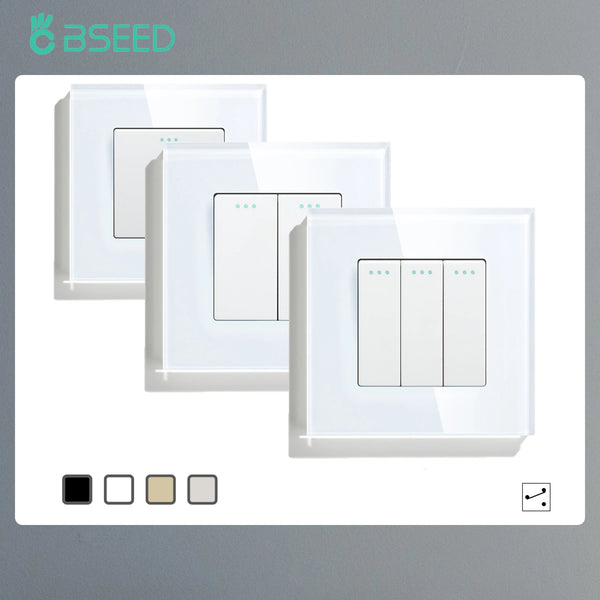BSEED  Mechanical Light Switch Wall Power Switch On Off Switch Button Lamp Switch 1/2/3Gang 2Way With Glass Frame Home Switch