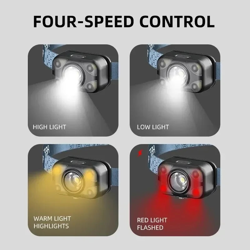 ភ្លើងមុខ LED ភ្លើងពិលអាំងឌុចស្យុង ចង្កៀងនេសាទដែលអាចសាកបាន គាំទ្រពន្លឺពណ៌ស ភ្លើងឡើងភ្នំសង្គ្រោះបន្ទាន់ស្រាលបំផុត
