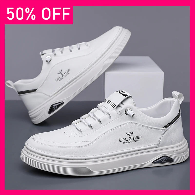 Men Casual Shoes Anti Slip Thick Sole Comfortable Soft Leather Breathable Fashionable Versatile Lace Up Outdoor Walking Shoes
