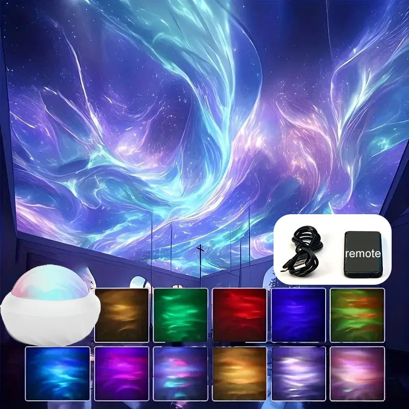 ចង្កៀងបញ្ចាំង Aurora USB ម៉ាស៊ីនបញ្ចាំងពន្លឺភាគខាងជើង RGB បរិយាកាស ភ្លើងពេលយប់ បញ្ជាពីចម្ងាយ បង្វិល 360° សម្រាប់ការតុបតែងពិធីជប់លៀងនៅផ្ទះ